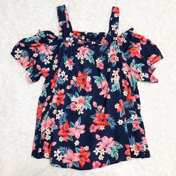 ➕ Miss Lili Cold Shoulder Hibiscus Print Top - Picture 1 of 6